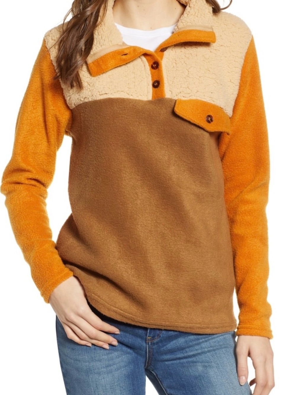 DONNI. Colorblock Sherpa Pullover in Tan, Brown & Orange